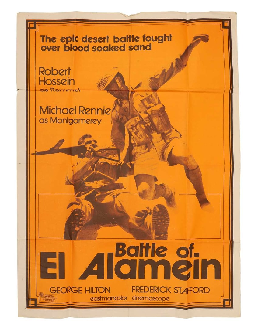 A 'Battle of El-Alamien' movie poster,: A 'Battle of El-Alamien' movie poster, South African printed poster released by Concorde Films 70 x 102cm Condition Report: Creased throughout and with tears on the edges.