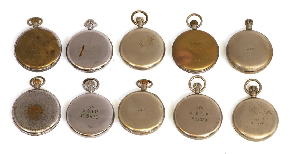 Ten military nickel plated and chrome open face pocket watches, various makers, - 2
