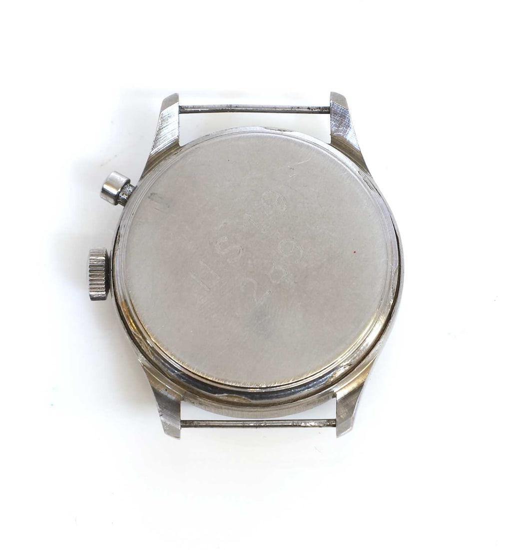 A Royal Navy issue single button chronograph stainless steel wristwatch, probably Lemania, - 2