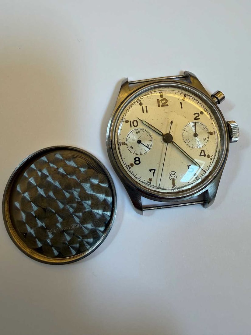 A Royal Navy issue single button chronograph stainless steel wristwatch, probably Lemania, - 4