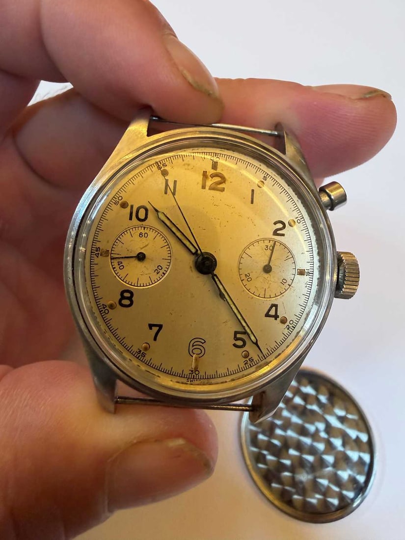 A Royal Navy issue single button chronograph stainless steel wristwatch, probably Lemania, - 8