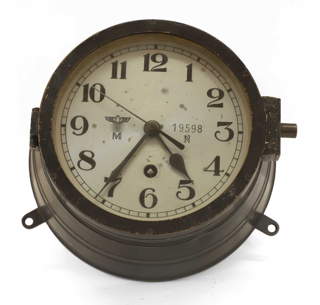 A WWII Kriegsmarine U-Boat bulkhead clock, 1940s, (1 of 3)