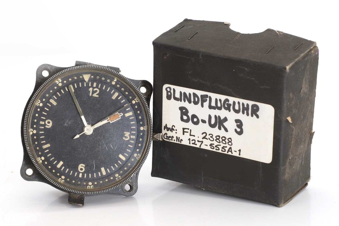 A German Blindfluguhr (Blind Flight) BO-UK3 cockpit clock, circa 1940,: A German Blindfluguhr (Blind Flight) BO-UK3 cockpit clock, circa 1940, with a black dial with luminous hands and markers, rotating bezel with a second triangle marker, with a plate to the reverse, 'no