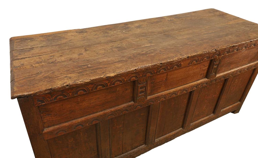 A boarded oak and elm coffer, 18th century, - 2