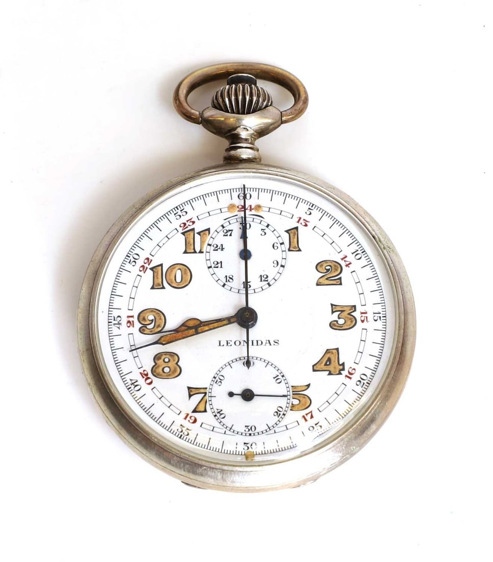 A German Kriegsmarine .800 silver open face pocket stop watch, by Leonidas,: A German Kriegsmarine .800 silver open face pocket stop watch, by Leonidas, with an enamelled dial with Arabic numerals, luminous hours and hands, with two subsidiary dials, signed, the case no.