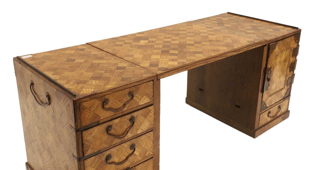 A metamorphic Japanese parquetry inlaid jewellery box, 20th century, - 4