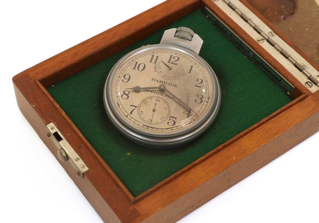 A WWII US Navy 'Model 22' deck chronometer, 1940s, by Hamilton Watch Company,: A WWII US Navy 'Model 22' deck chronometer, 1940s, by Hamilton Watch Company, with a keyless manual wind, Model 22-21 Jewels, signed on the dial 'Hamilton Lancaster PA, USA, with a 48-hour Up and Down