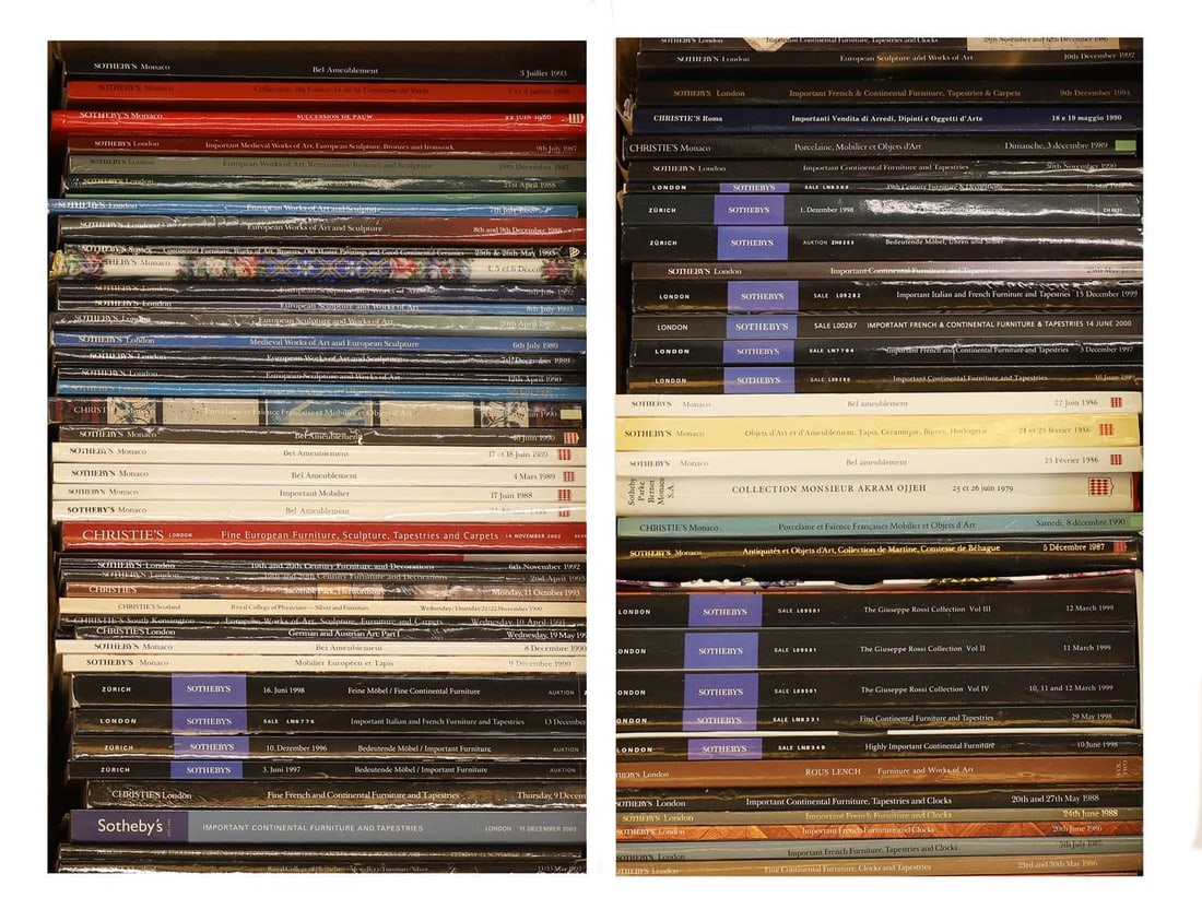 A collection of Christie's and Sotheby's catalogues mainly 1980s and 1990s: A collection of Christie's and Sotheby's catalogues mainly 1980s and 1990s approx. seventy, to include 'The Giuseppe Rossi Collecion' in five volumes, 'Rous Lench' Furniture and Works of Art,