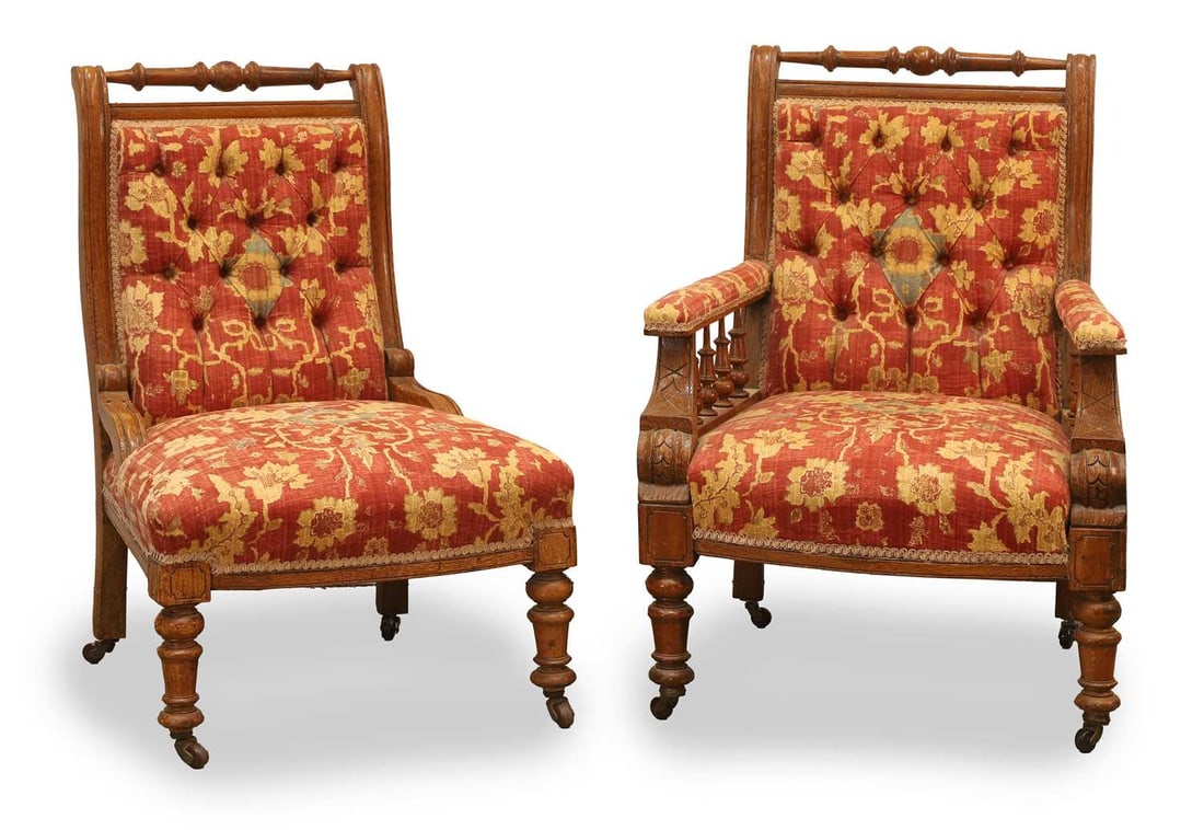 A pair of Victorian oak chairs, 20th century, (1 of 3)