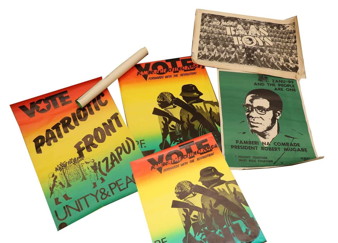 Zimbabwean Political posters, circa 1978-1980s,: Zimbabwean Political posters, circa 1978-1980s, Zapu PF and Zanu PF political posters, a Robert Mugabe poster, Forwards the Revolution, and two 'No More Baas Boys' largest 60 x 45cm approx 11
