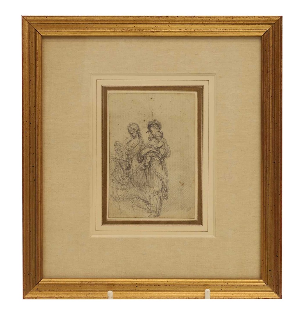 English School, mid-19th century Study of two ladies holding babies: English School, mid-19th century Study of two ladies holding babies pencil 9 x 6cm; framed 25.5 x 19cm Condition Report: Executed on laid paper. Time staining and foxing. Appears to be stuck down. Not