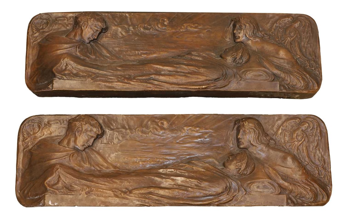 An Art Nouveau bronze plaque, in the manner of Stanislav Sucharda,: An Art Nouveau bronze plaque, in the manner of Stanislav Sucharda, reclining figure with onlookers, signed to the base 'A.Stanley Goang? fait 99' 66cm wide, 6cm deep, 20cm high 2