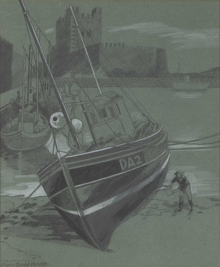 Glynn Boyd Harte (British, 1948-2003) Study of a fisherman washing down his boat, circa 1990: Glynn Boyd Harte (British, 1948-2003) Study of a fisherman washing down his boat, circa 1990 signed 'Glynn Boyd Harte' l.l., pencil, white pencil and charcoal 37.5 x 29.5cm; framed 41 x 34cm