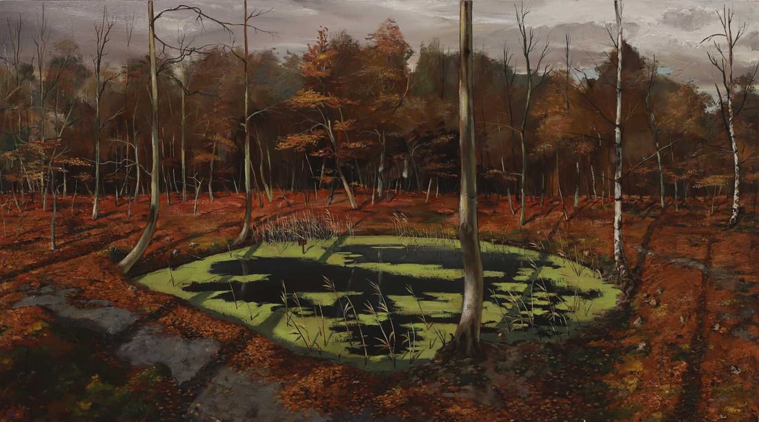 Julian Perry (British, b.1960) 'Rocket Crater Pond & Duckweed': Julian Perry (British, b.1960) 'Rocket Crater Pond & Duckweed' signed with initials and dated '04' l.r., also signed, inscribed with title and dated '05' verso, oil on board 69 x 122cm; unframed