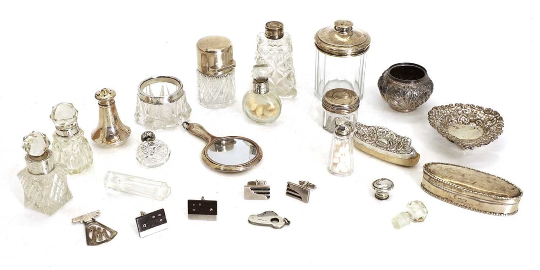A collection of silver items,: A collection of silver items, to include various silver topped glass jars and a sweetmeat dish by S Blanckensee & Son Ltd, Birmingham, a miniature handheld mirror by Crisford & Norris Ltd,