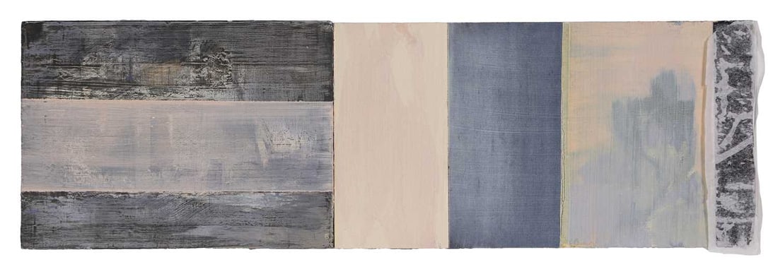 Louise Butler Adams (British, b.1970) Untitled: Louise Butler Adams (British, b.1970) Untitled signed with monogram verso, also signed 'Louise Butler Adams', inscribed and dated 'Nov '96' verso, oil on board 20.5 x 66cm; unframed Provenance: With