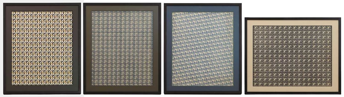 A group of four Curwen Press endpapers designed by Eric Ravilious (1903-1942), Paul Nash (1889-1946): A group of four Curwen Press endpapers designed by Eric Ravilious (1903-1942), Paul Nash (1889-1946) and Enid Marx (1902-1998) offset lithographs, three in colours 48.5 x 62.5cm; framed 63 xx 78cm 4