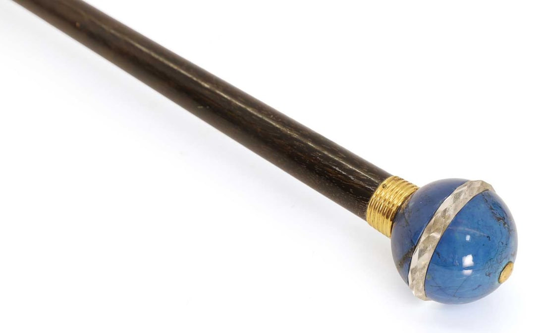 A Lapis Lazuli and rock crystal mounted walking cane, circa 1900, - 2