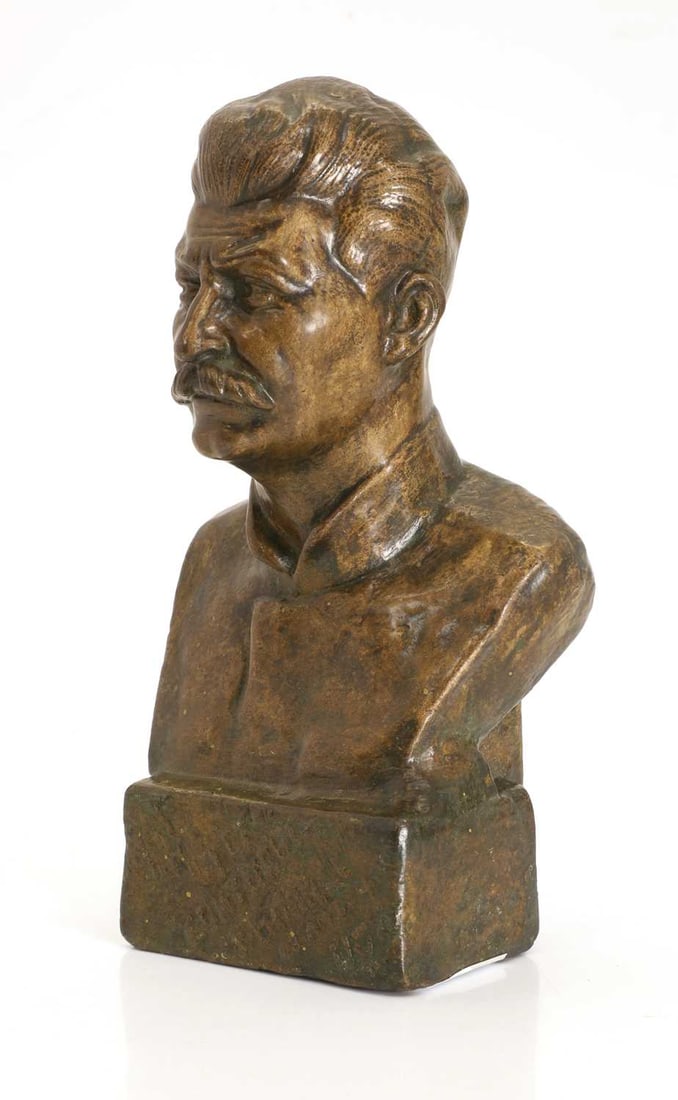 Russian School, 20th century Bust of Joseph Stalin: Russian School, 20th century Bust of Joseph Stalin bronze with a golden brown patina, indistinctly signed, numbered and dated 36 to reverse, further inscribed to front 12.5cm wide, 10cm deep, 21.5cm