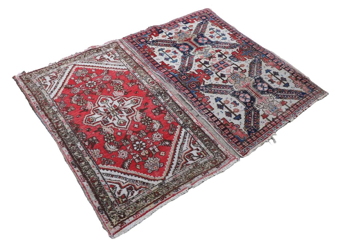 Two small Persian prayer rugs,: Two small Persian prayer rugs, both with ivory and red fields, with geometric design The largest, 87cm wide, 127cm deep, 2 Condition Report: Both worn and with tassels cut. Flat in areas.