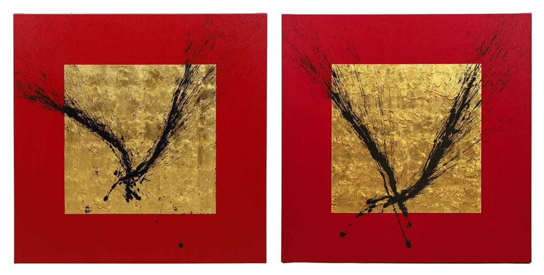 David Stanley Hewett (American, b.1967) 'Bushido 151' and 'Bushido 153': David Stanley Hewett (American, b.1967) 'Bushido 151' and 'Bushido 153' two, each signed 'David S. Hewett', inscribed with title and dated '2021' verso, acrylic and gold leaf on canvas 100 x 100cm;