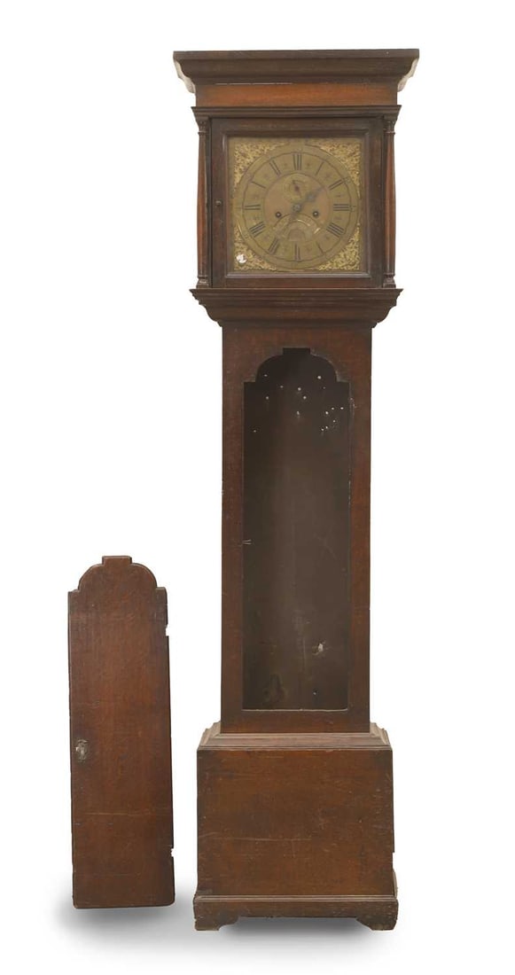 D Richardson 8-day longcase clock,: D Richardson 8-day longcase clock, the brass dial with Roman chapter ring and outer minutes ring, a subsidiary seconds dial, with scrolling mounts to the four corners 55cm wide, 28cm deep, 197cm high 