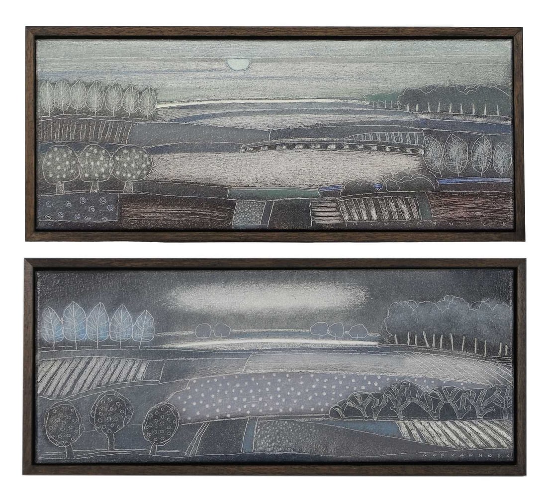 Rob van Hoek (Dutch, b.1953) 'In the Last Light' and 'Nights in White Satin': Rob van Hoek (Dutch, b.1953) 'In the Last Light' and 'Nights in White Satin' a pair, both signed 'ROB VAN HOEK' l.r., oil on canvas 20 x 50cm; framed 23 x 52.5cm 2 Condition Report: Both works appear