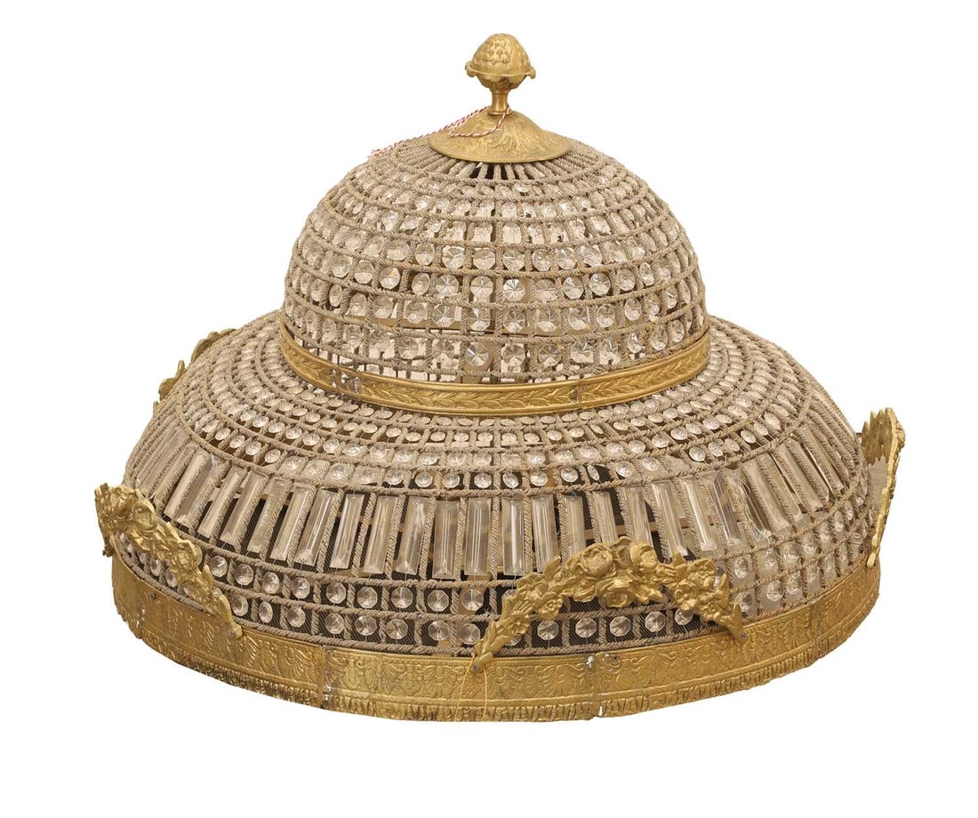 An Empire style large basket chandelier, 20th century,: An Empire style large basket chandelier, 20th century, with metal moulded frame and beadwork to the central section 82cm wide, 60cm high Condition Report: A collection of dust and dirt. Knocks to the