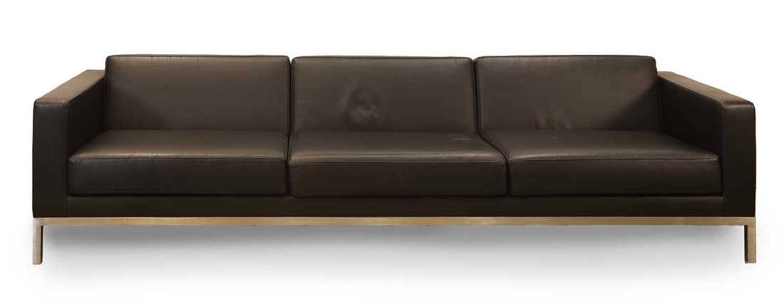A Hitch Mylius black leather settee, of modern manufacture,: A Hitch Mylius black leather settee, of modern manufacture, three seats with chrome frame 254cm wide, 88cm deep, 71cm high