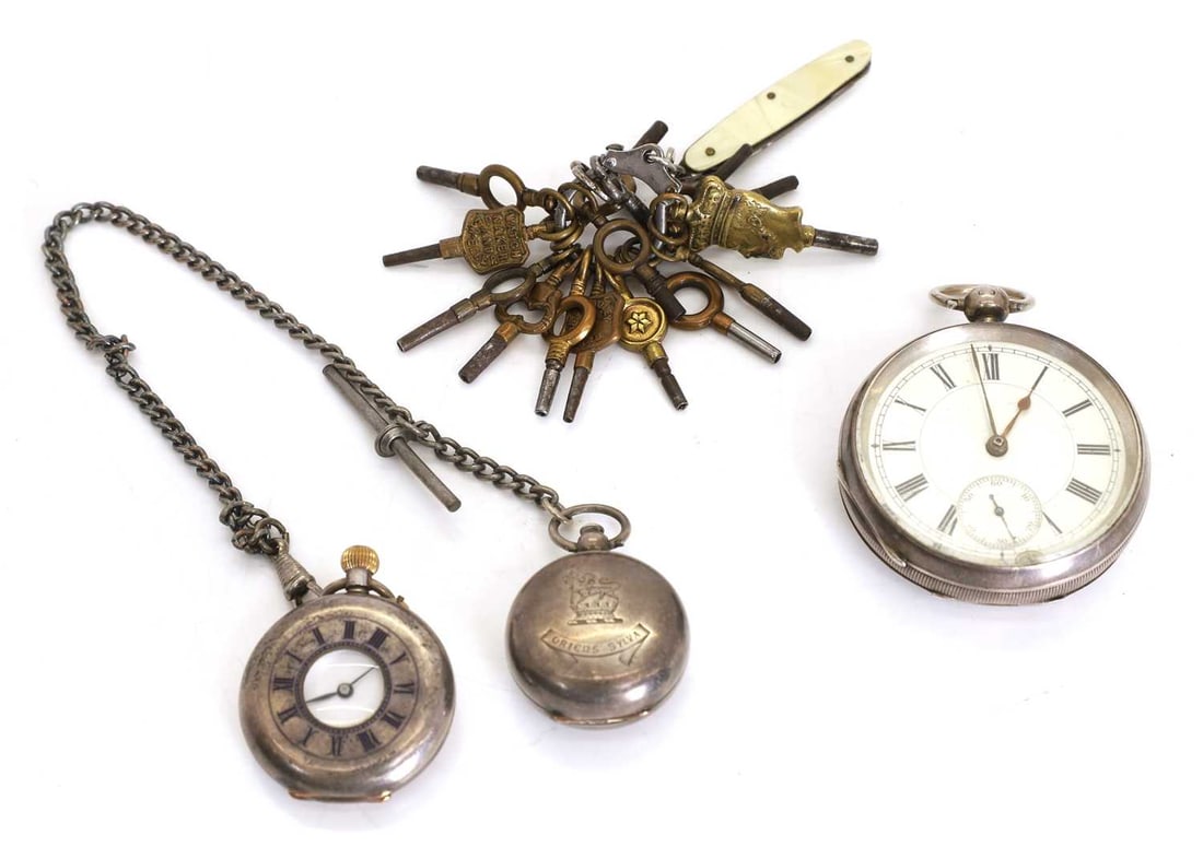 A Waltham Piccadilly silver pocket watch,: A Waltham Piccadilly silver pocket watch, together with a silver fob watch, silver fob watch inscribed 'HADDON & FRANKLIN', to the interior of the case, with Albert chain and a silver sovereign