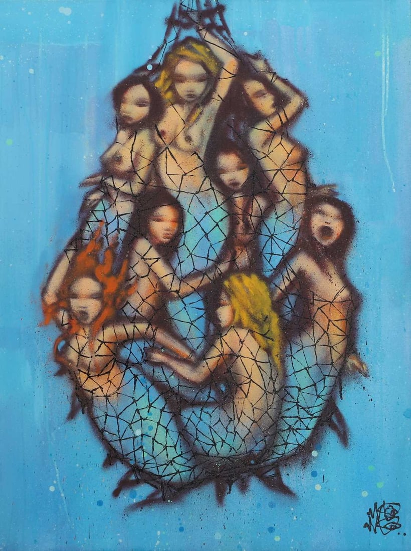 Mark Brassington aka 'Mau Mau' (British, contemporary) Mermaids in a net: Mark Brassington aka 'Mau Mau' (British, contemporary) Mermaids in a net signed with monogram l.r., mixed media on canvas board 100 x 74cm; framed 116 x 91cm Condition Report: Presents well. The