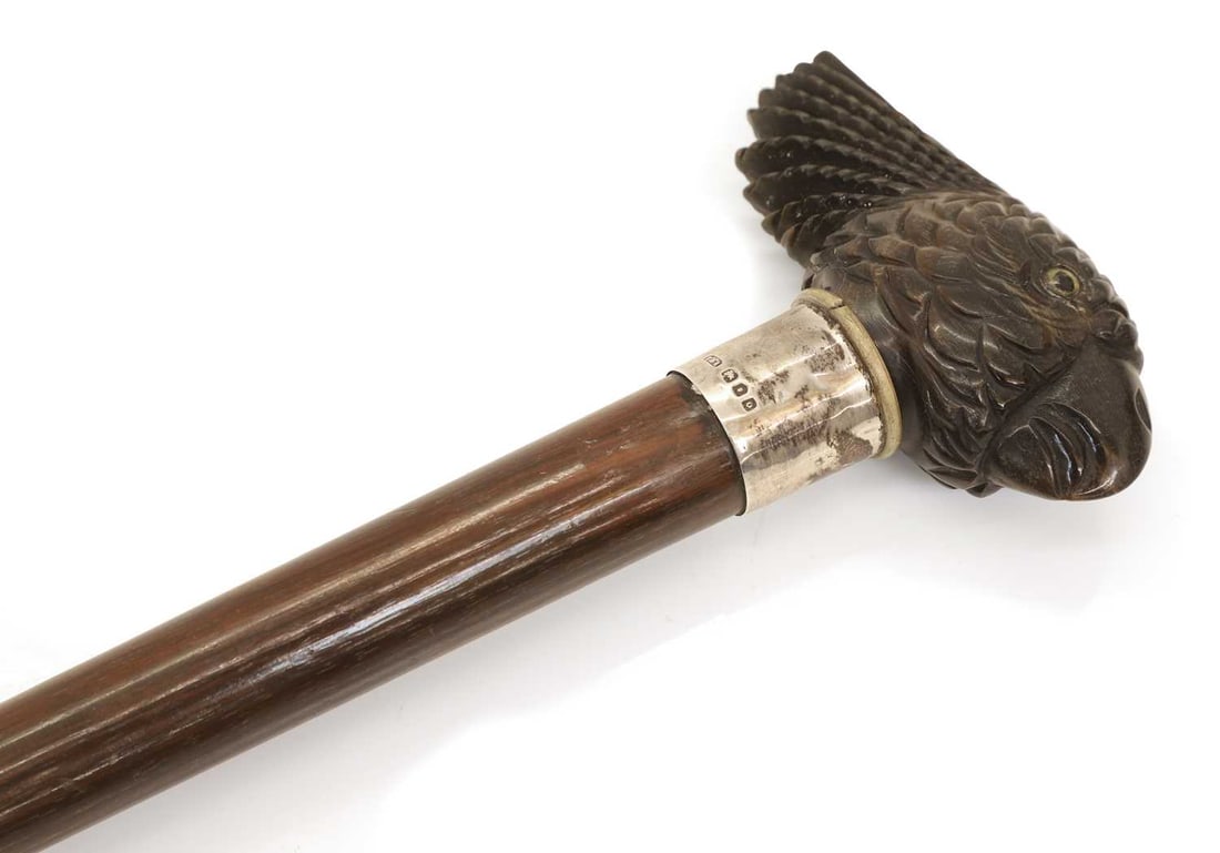 A horn and silver-mounted parrot head walking cane, - 2