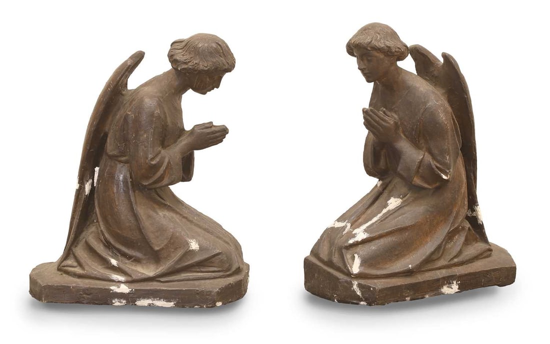 A pair of faux bronze kneeling angels,: A pair of faux bronze kneeling angels, boht modelled kneeling and in prayer 60cm wide, 25cm deep, 73cm high 2 Condition Report: Knocked and repaired in places.