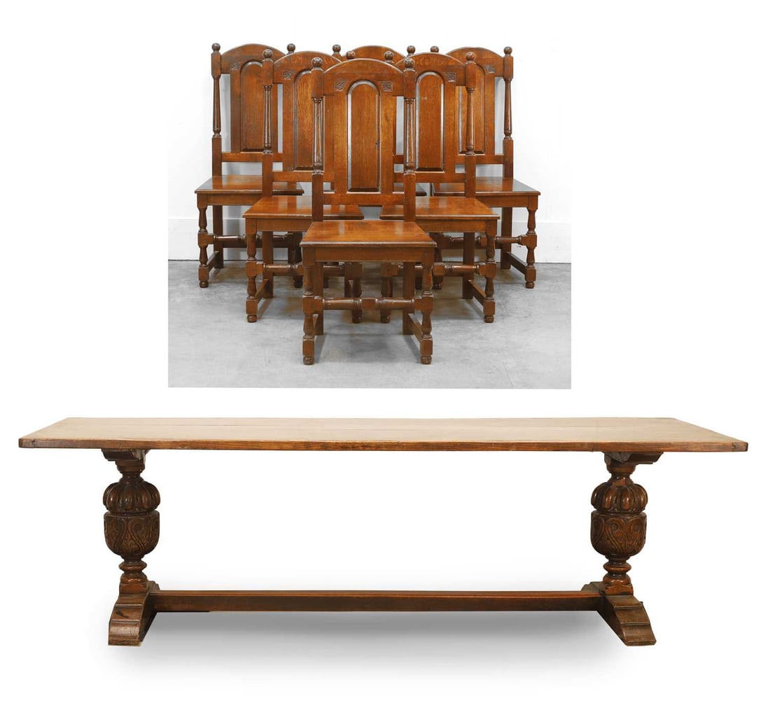 An Elizabethan style oak refectory table, 20th century,: An Elizabethan style oak refectory table, 20th century, the three-plank top with cleated ends, raised on cup-and-cover supports united by a stretcher, together with a set of eight chairs, each with a