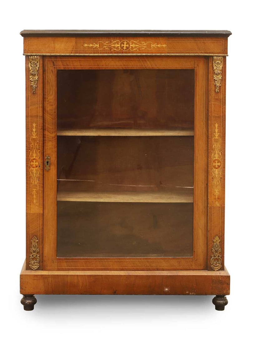 A walnut pier cabinet, Victorian,: A walnut pier cabinet, Victorian, with ebonised banding and metal mounts to the sides, terminating on bun feet 75.5cm wide, 29cm deep, 103cm high