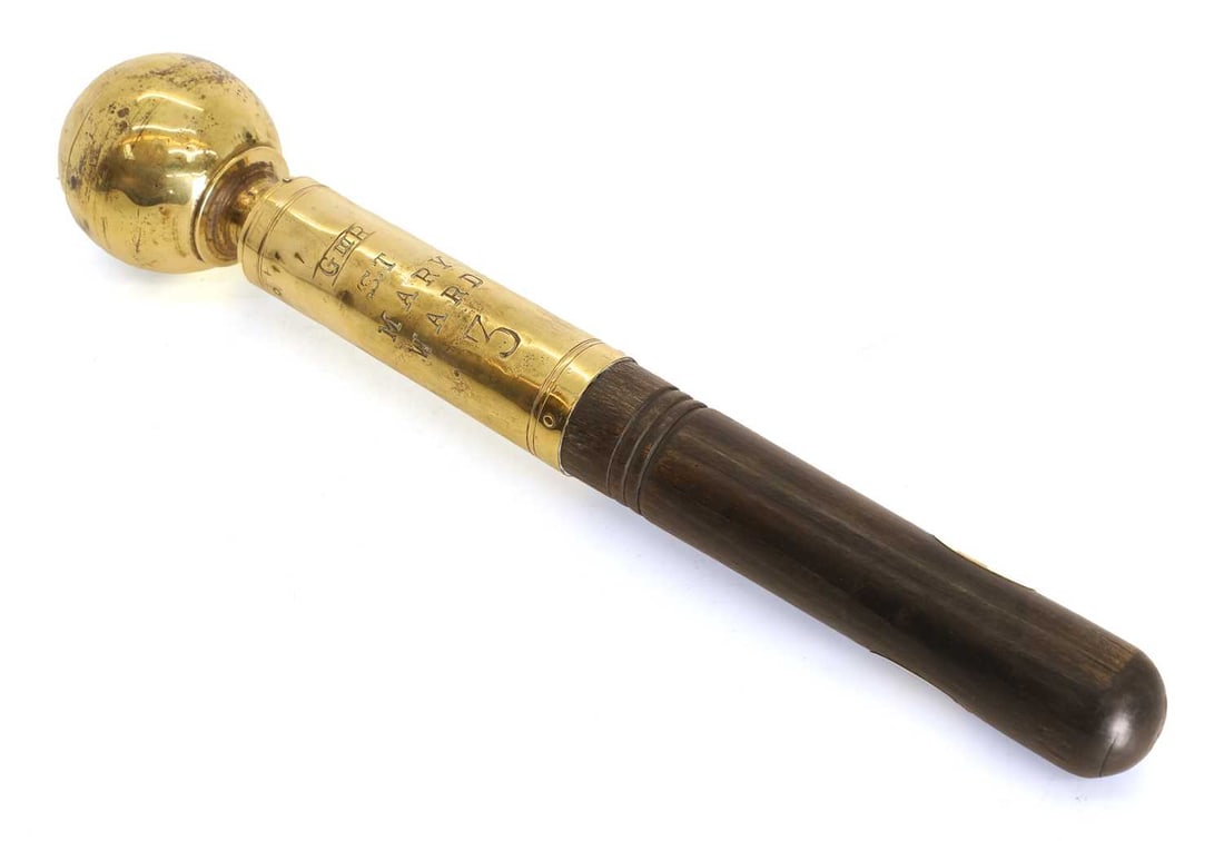 A gilt metal and wooden tipstaff, 18th century / 19th century,: A gilt metal and wooden tipstaff, 18th century / 19th century, inscribed 'GR111 St. Mary Ward 3', possibly Bristol 30.5cm long Condition Report: Minor rubbing and wear.