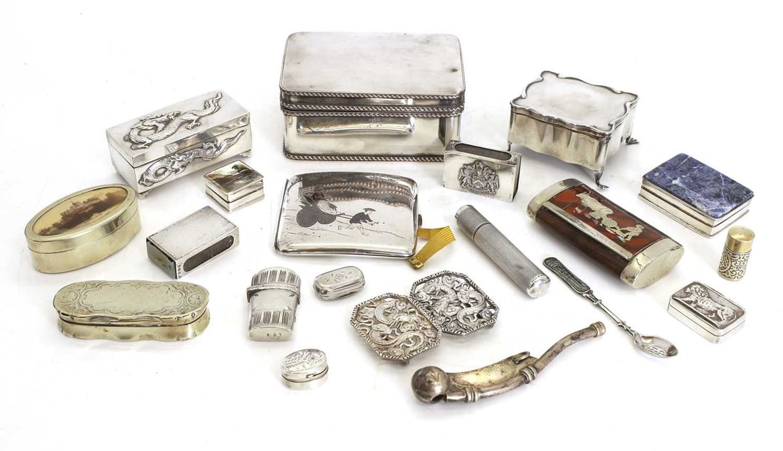 A collection of silver items, 19th century and later,: A collection of silver items, 19th century and later, two silver matchbox sleeves, a dressing table box, a pair of pierced Chinese buckles, stamped 'HC', a Chinese silver box, by Wang Hing, a