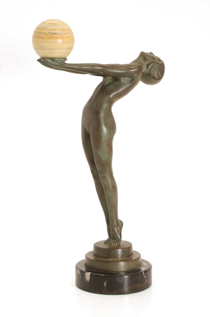 After Max Le Verrier (French, 1891-1973) 20th century,: After Max Le Verrier (French, 1891-1973) 20th century, a cast Art Deco figure of a nude, holding a marble sphere, signed in the cast 'Le Verrier' and stamped 'Le Verrier Paris', on a marble plinth 33c