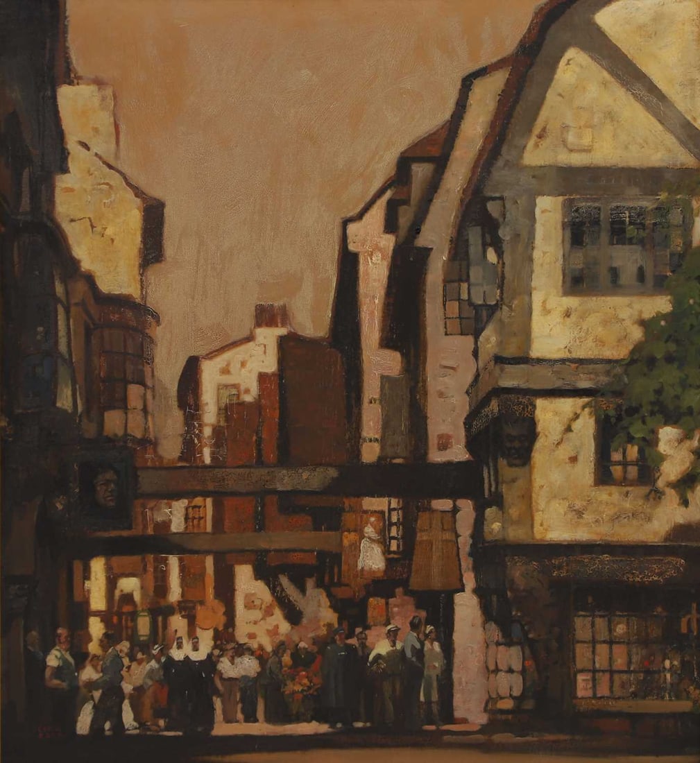 Leslie Carr (British, 1891-1969) Figures in a town: Leslie Carr (British, 1891-1969) Figures in a town signed 'LESLIE/CARR' l.l., oil on board 72 x 65cm; framed 82 x 75cm Condition Report: Fine cracking and crazing. Not examined under UV light, for a