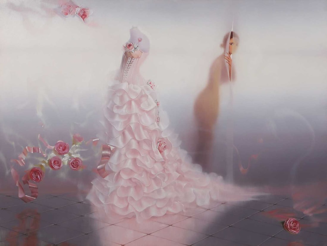 Andrei Belichenko (Russian, b.1974) and Maria Boohtiyarova (Russian, b.1975) 'The Wedding Dress': Andrei Belichenko (Russian, b.1974) and Maria Boohtiyarova (Russian, b.1975) 'The Wedding Dress' signed 'Belichenko & Boohtiyarova' l.r., oil on canvas 92 x 122cm; framed 102 x 131cm Provenance: