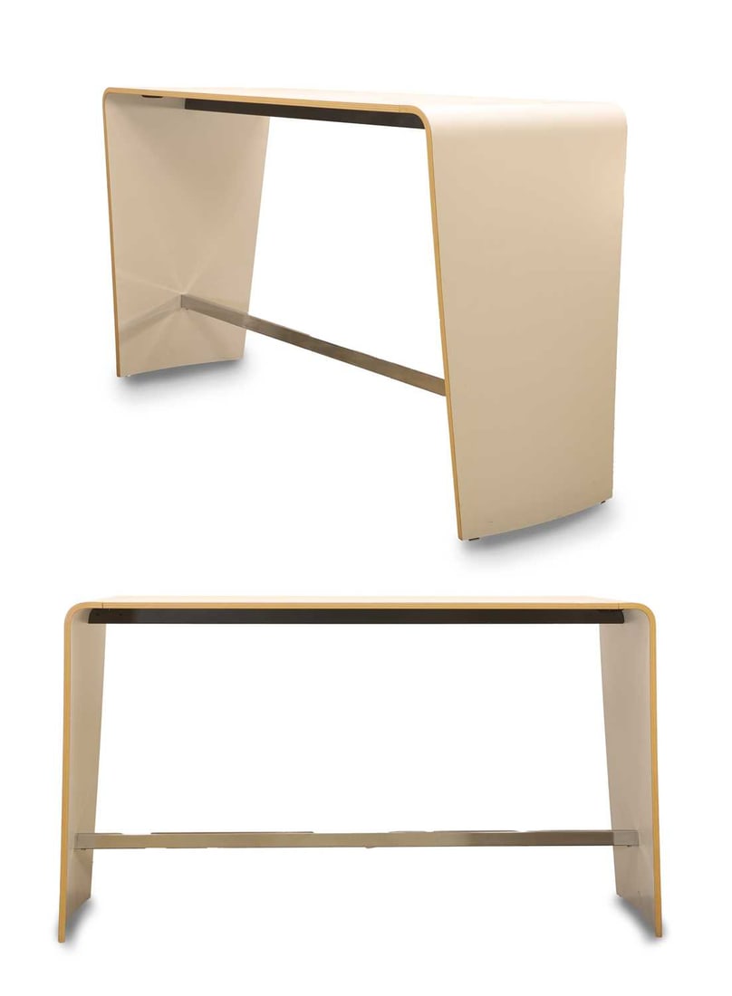 A pair of Brunner Hoc Poseur bench tables, of modern manufacture,: A pair of Brunner Hoc Poseur bench tables, of modern manufacture, together with twelve Brunner Fina high stools, all white with wooden accents Benches, 176cm wide, 70cm deep, 108.5cm high 14