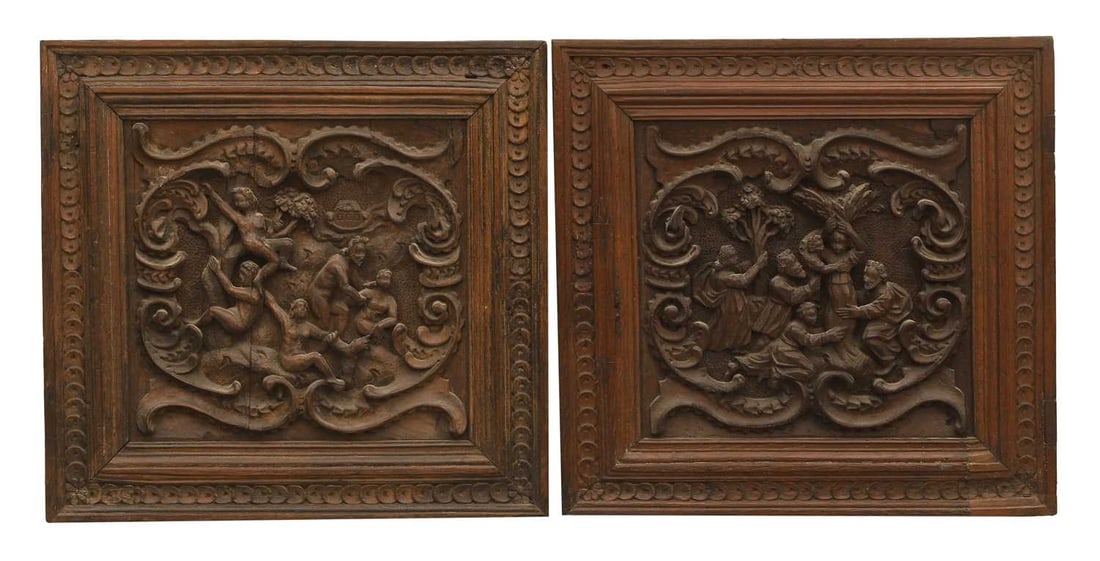 A pair of framed wooden carvings, 18th century and later: A pair of framed wooden carvings, 18th century and later both biblical, the first depicting Noah's ark and the second of a figure holding a sheaf of wheat above their head 33 x 34cm; framed 49.2 x
