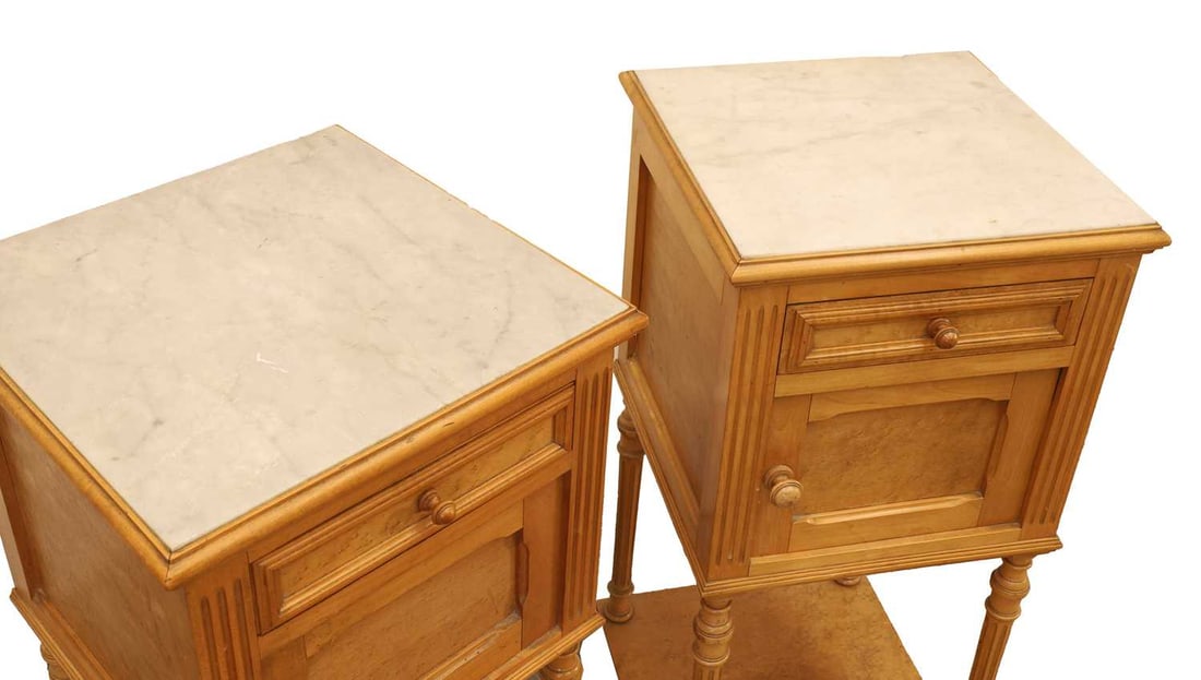 A matched pair of French satin birch pot cupboards, late 19th century, - 2