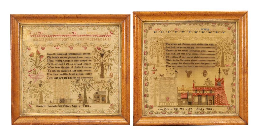 A pair of Victorian samplers by sisters Charlotte and Jane Percival, dated June 9th 1846 and Decembe: A pair of Victorian samplers by sisters Charlotte and Jane Percival, dated June 9th 1846 and December 21 1848, each both aged 11 years, with an alphabet, a verse, within a scrolled border, a church,