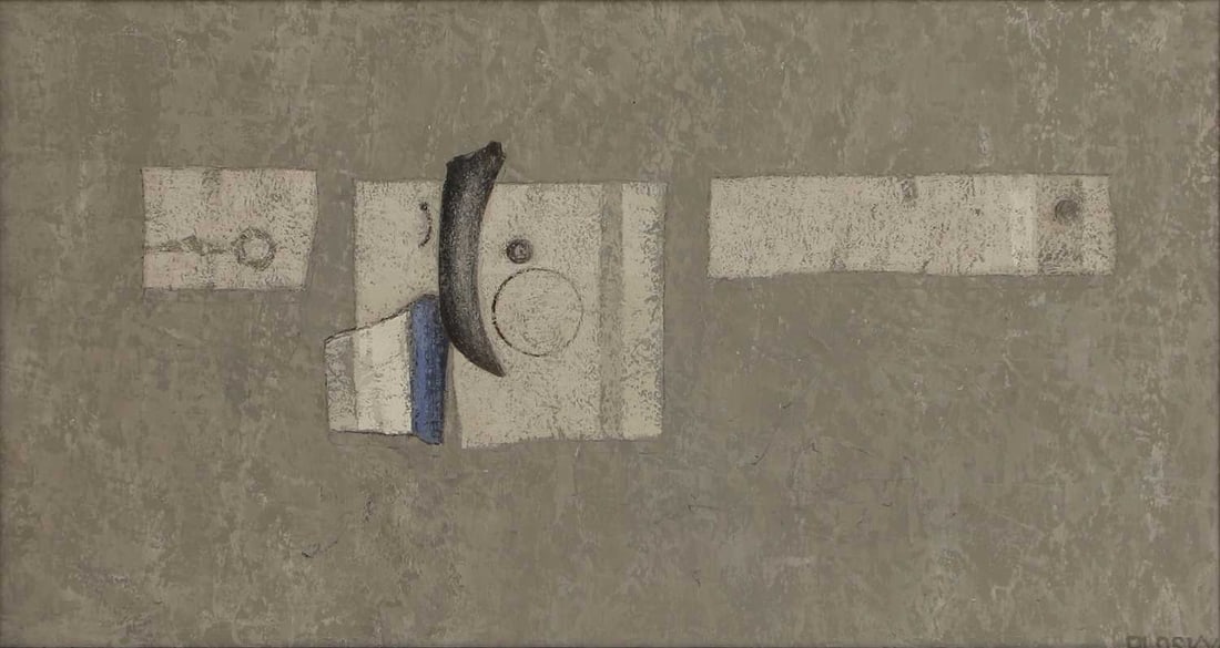 Jonas Plosky (British, 1940-2011) 'Found Objects': Jonas Plosky (British, 1940-2011) 'Found Objects' signed 'PLOSKY' l.r., oil on board 21 x 39cm; framed 23 x 41cm Condition Report: There are some fine lines in the lower right quarter which have the
