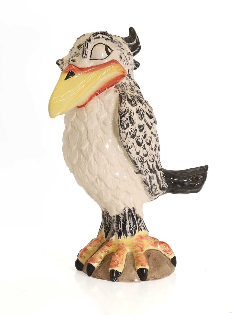 A glazed pottery figure of a grotesque bird by Lorna Bailey, of recent manufacture,: A glazed pottery figure of a grotesque bird by Lorna Bailey, of recent manufacture, inscribed with maker's mark to base 14.5cm wide, 23cm deep, 32.5cm high Condition Report: Good condition overall.