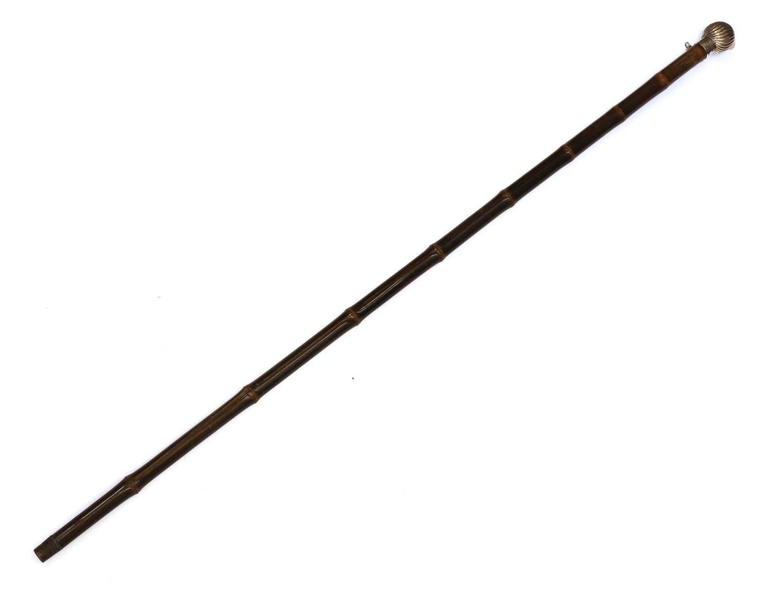 A silver-mounted patent pencil-mounted walking cane, possibly by Charles Henry Dumenil, stamped Brig (1 of 2)
