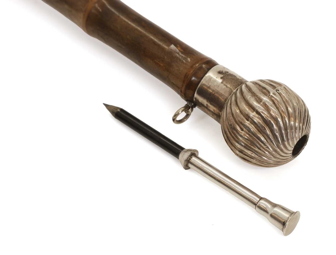 A silver-mounted patent pencil-mounted walking cane, possibly by Charles Henry Dumenil, stamped Brig - 2
