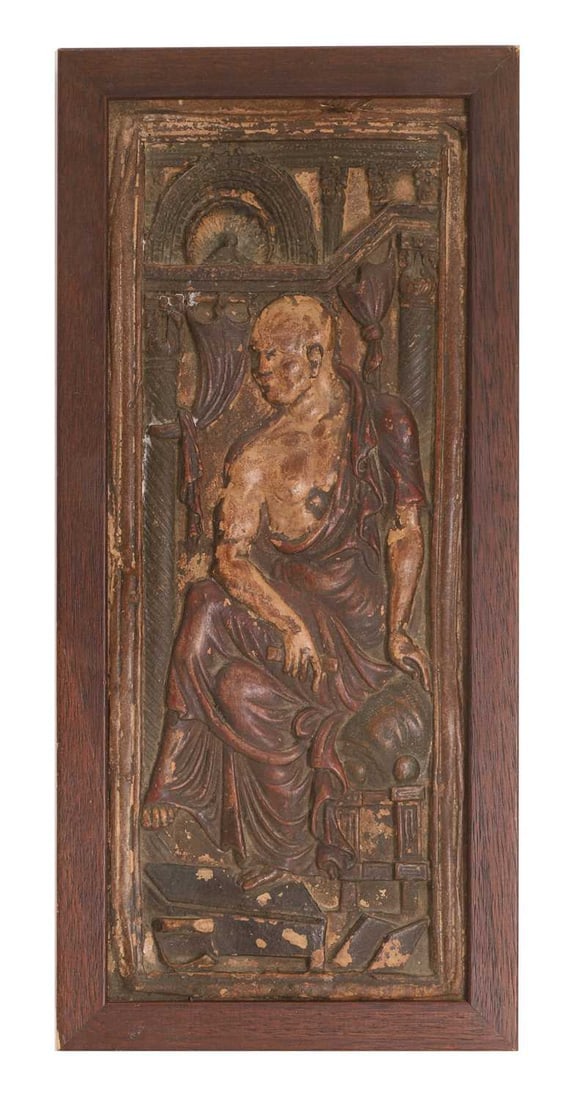 A carved terracotta panel of the Poet and Muse, 20th century, Continental, after the antique,: A carved terracotta panel of the Poet and Muse, 20th century, Continental, after the antique, framed, carved in relief 17.5cm wide, 3.5cm deep, 38cm high Footnote: The original ivory diptych was