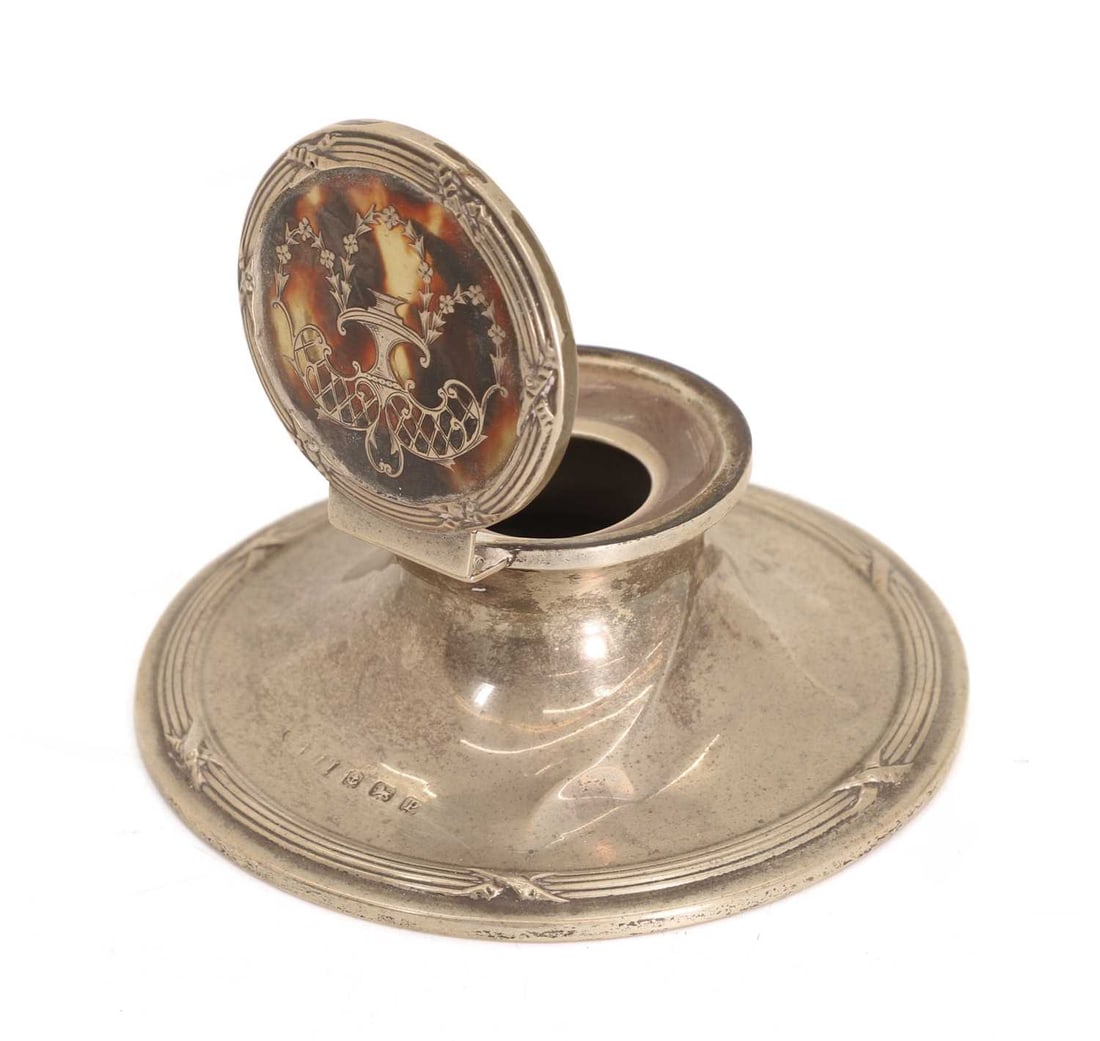 A silver and tortoiseshell inkwell, - 2